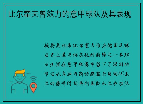 比尔霍夫曾效力的意甲球队及其表现