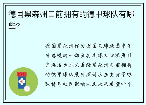 德国黑森州目前拥有的德甲球队有哪些？